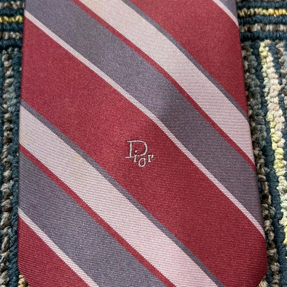 Christian Dior Silk Tie 56" Burgundy Grey Striped CD Logo Vintage Necktie - Picture 3 of 7